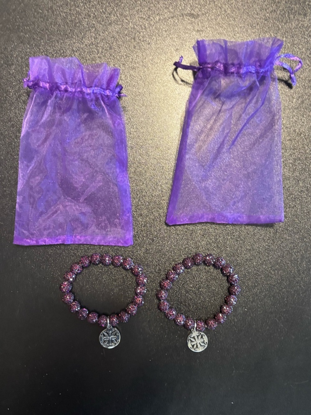 Purple Beaded Stretch Bracelets with Silver Charm (Pair)